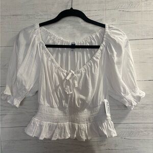 NWT White Smocked Peplum Blouse Puff Sleeve Cottagecore Top Women’s XS / Small